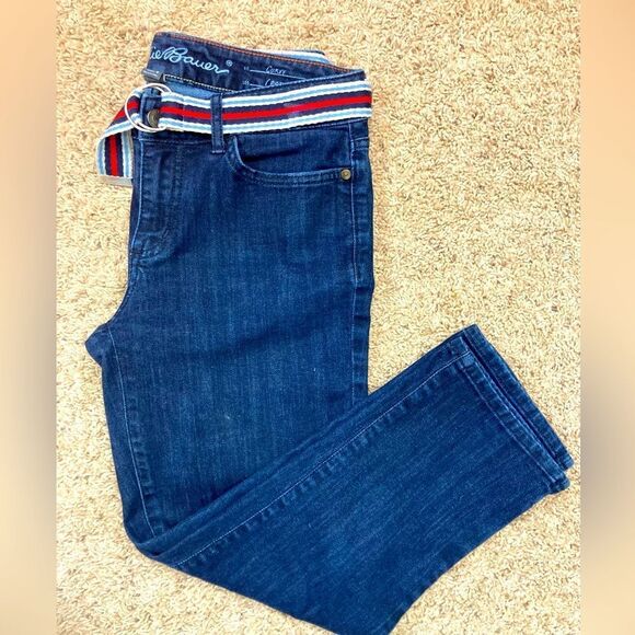 Eddie Bauer curvy crop jeans with Striped Belt Marilyn Monroe vibes runs big - Picture 3 of 8